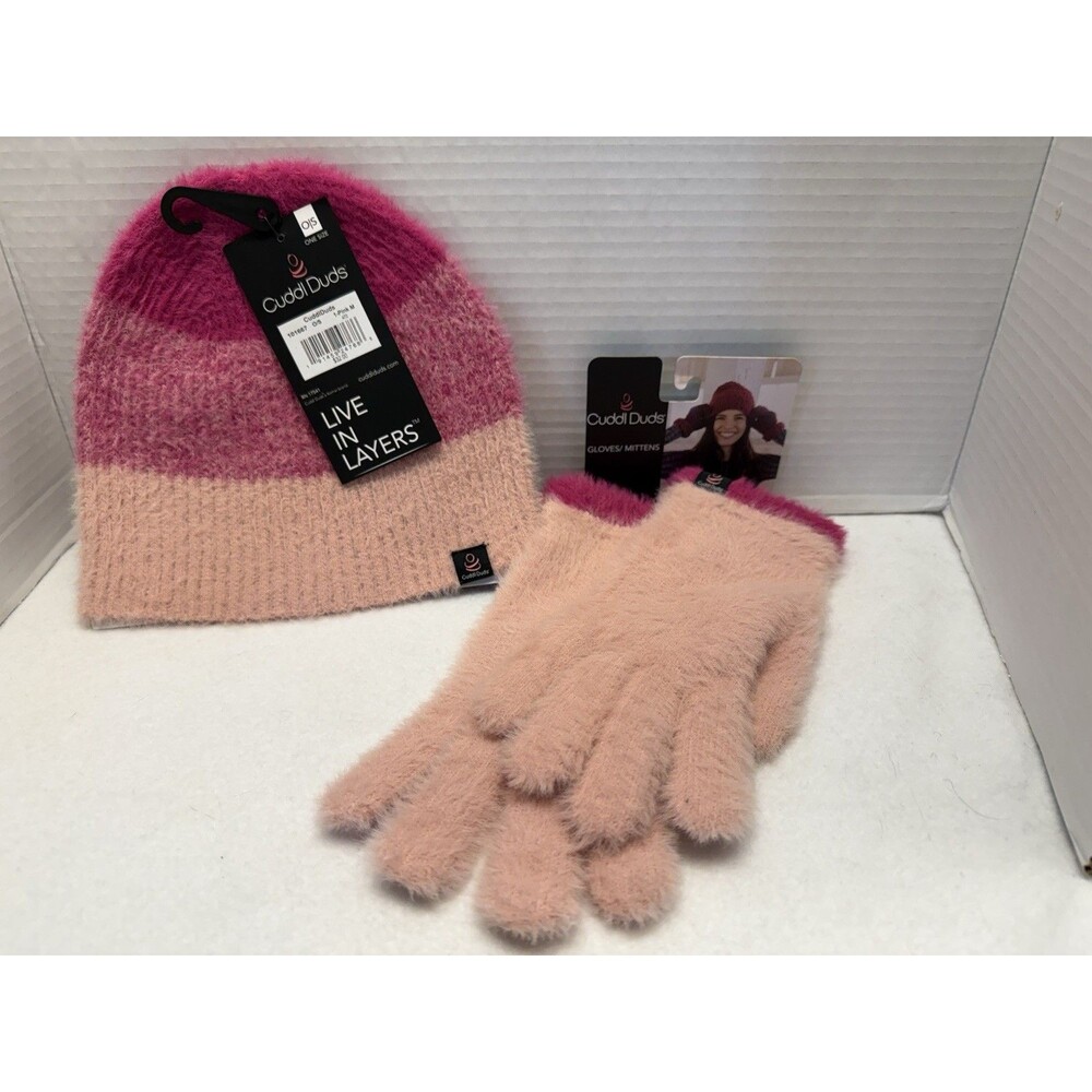 Women’s/Girls Pink Striped Beanie Hat and Gloves Set Warm Feather Knit New
